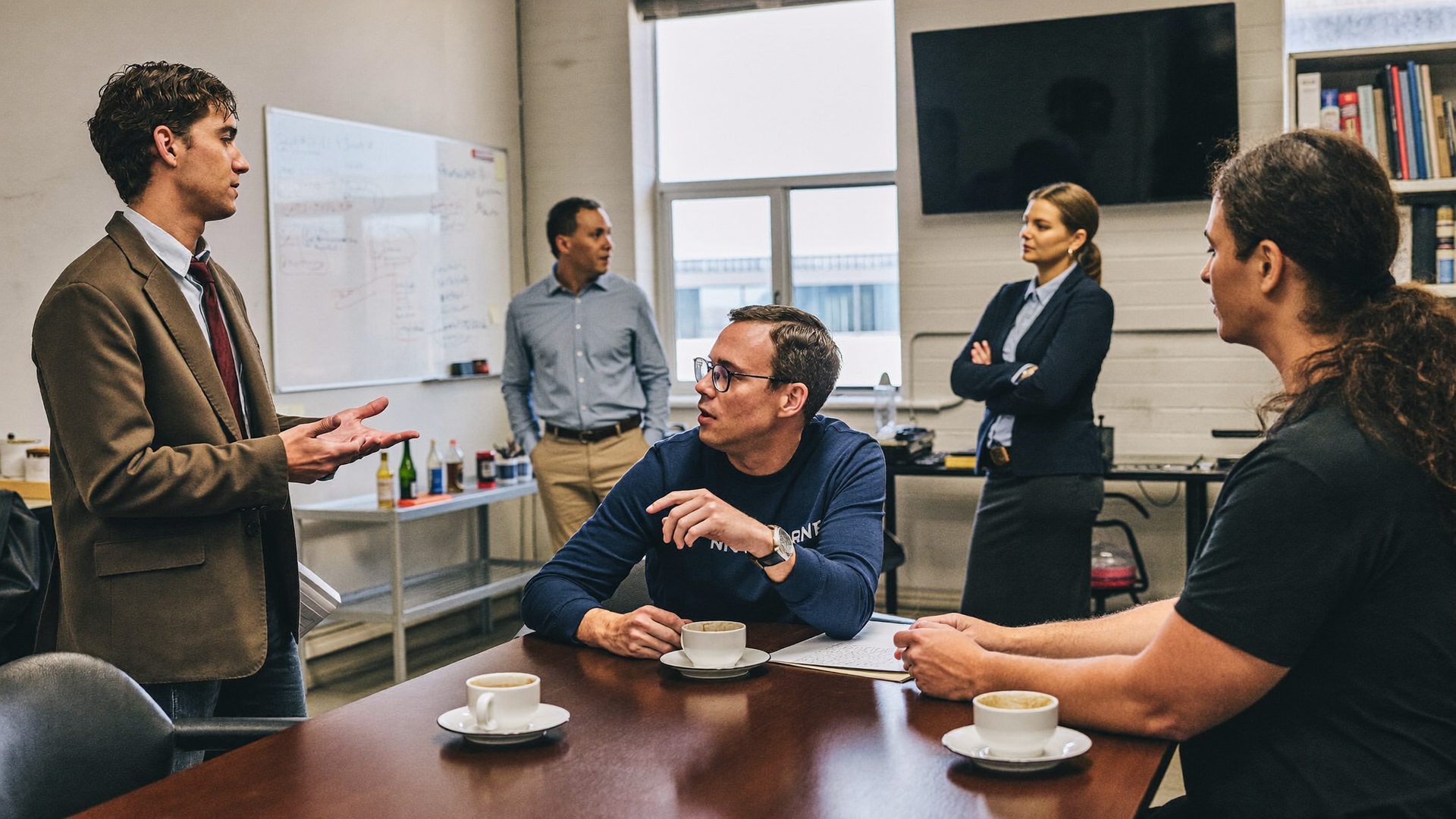 Advisor discussing group benefits with a small business owner and employees