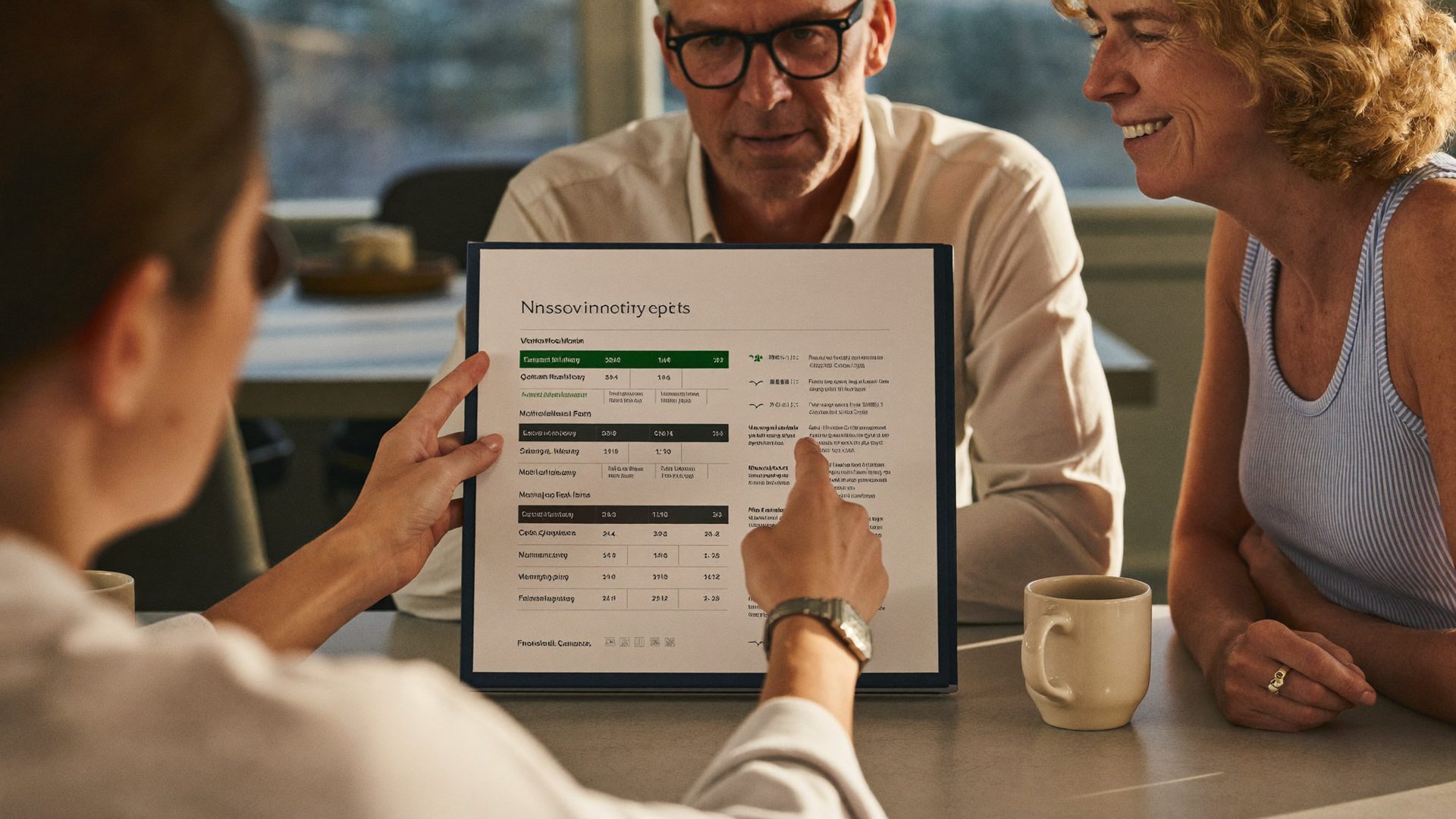 Advisor walking an older couple through a printed plan comparison at a sunlit table