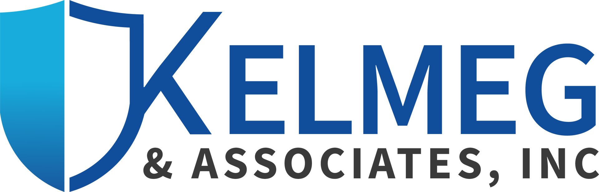 Logo of Kelmeg & Associates, Inc. with a blue shield and blue lettering