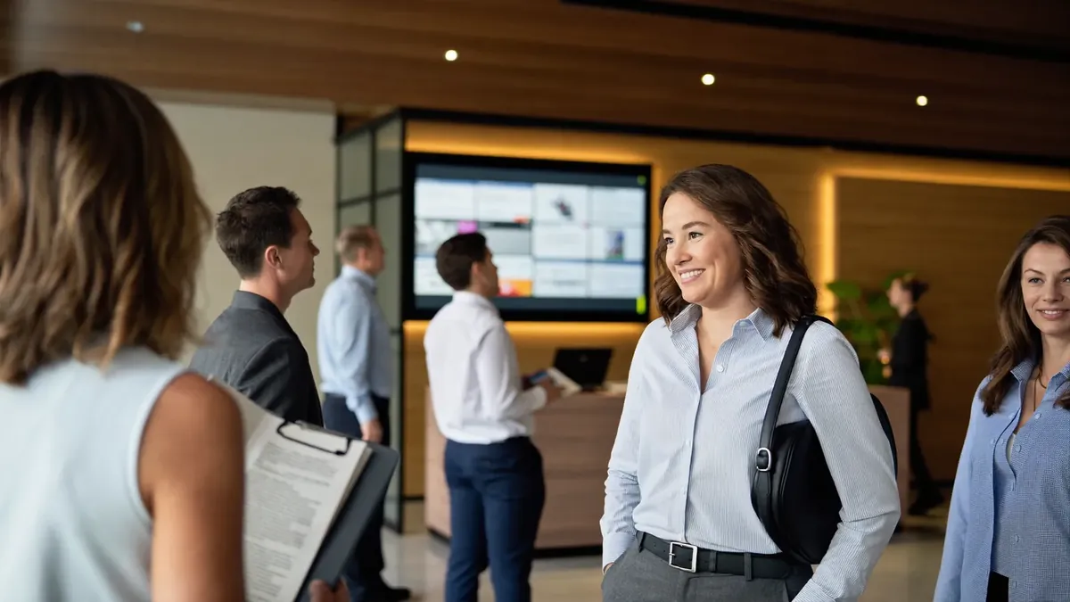 County government employees chatting in a modern Colorado civic building lobby