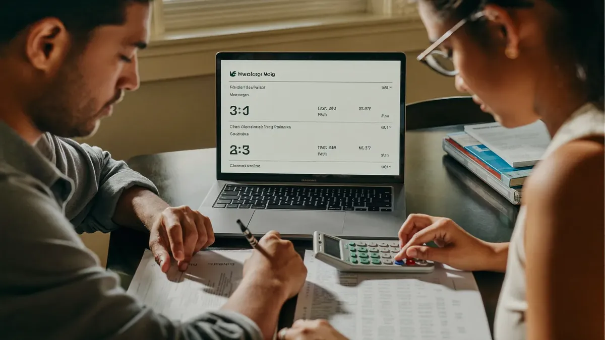 A couple in their thirties budgeting at a kitchen table with bills, a calculator, and a laptop showing health plan prices