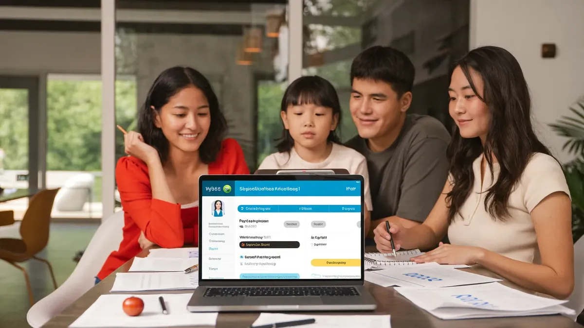 A young Colorado family of four at their kitchen table reviewing health insurance options on a laptop