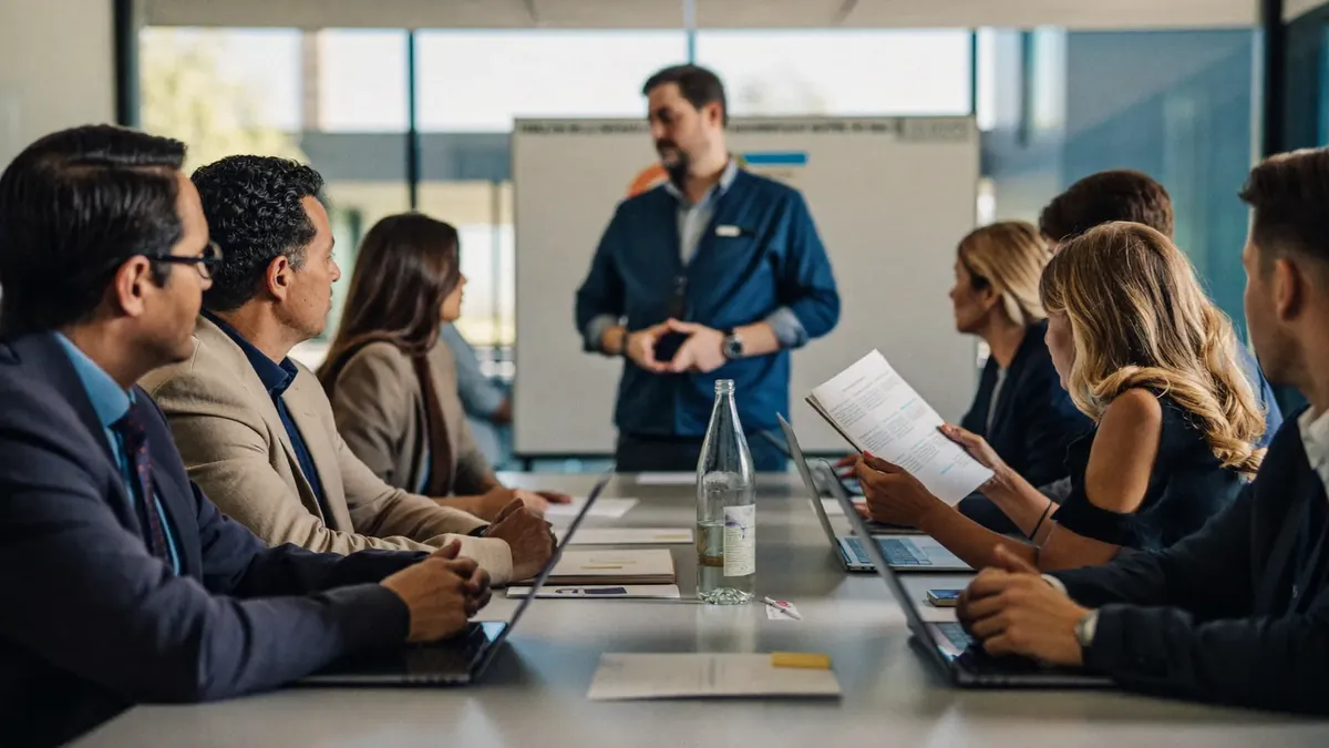 A small Colorado business team gathered around a conference table while an insurance advisor presents benefits options