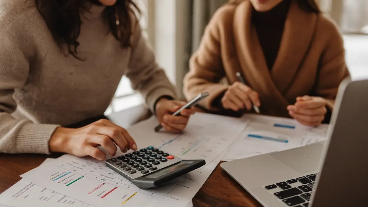 A couple in their thirties budgeting at a kitchen table with bills, a calculator, and a laptop showing health plan prices