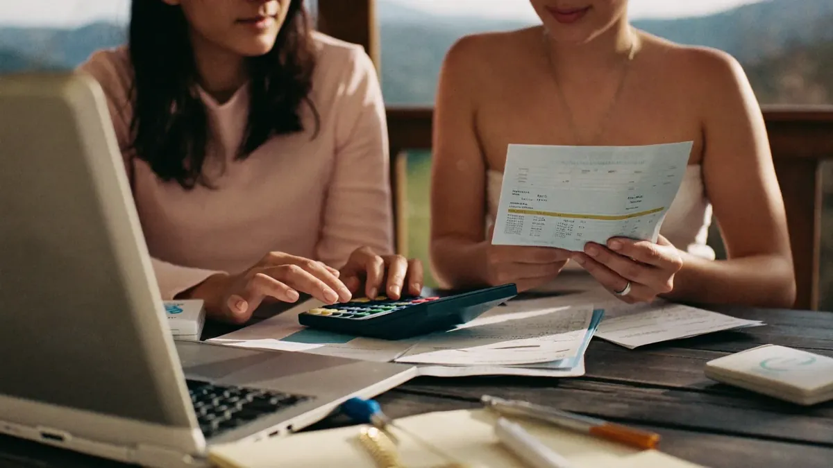 A couple in their thirties budgeting at a kitchen table with bills, a calculator, and a laptop showing health plan prices