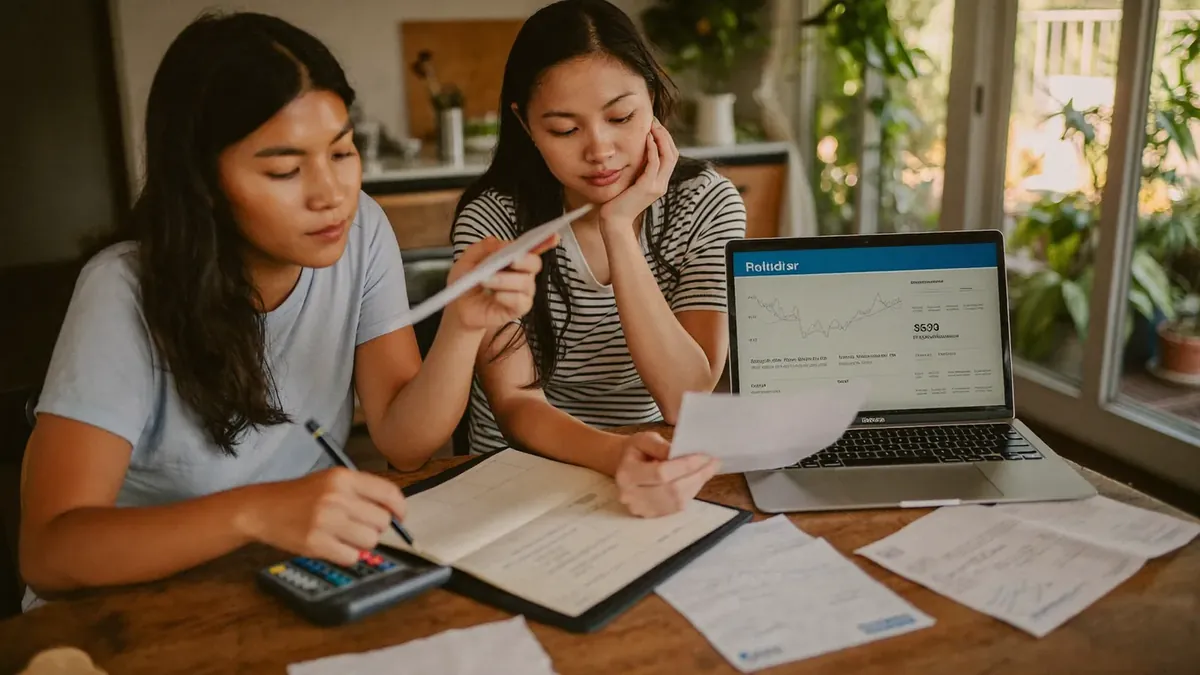 A couple in their thirties budgeting at a kitchen table with bills, a calculator, and a laptop showing health plan prices