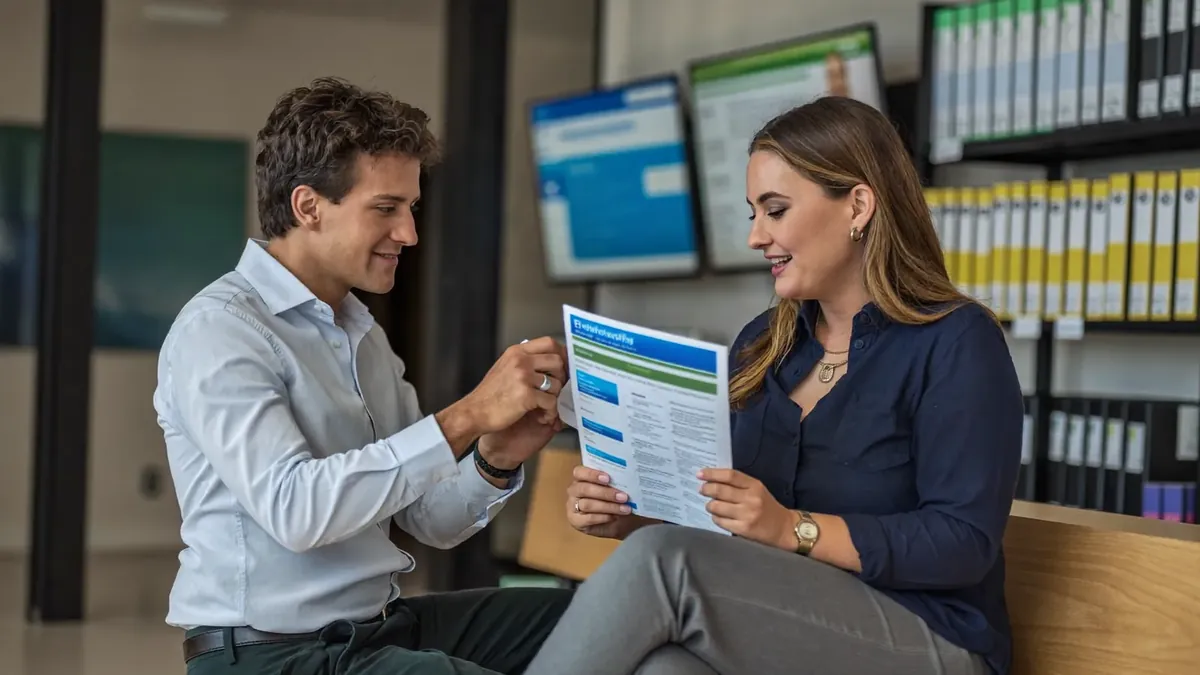 A friendly young insurance advisor helping an adult client choose a health plan in a sunny Colorado office