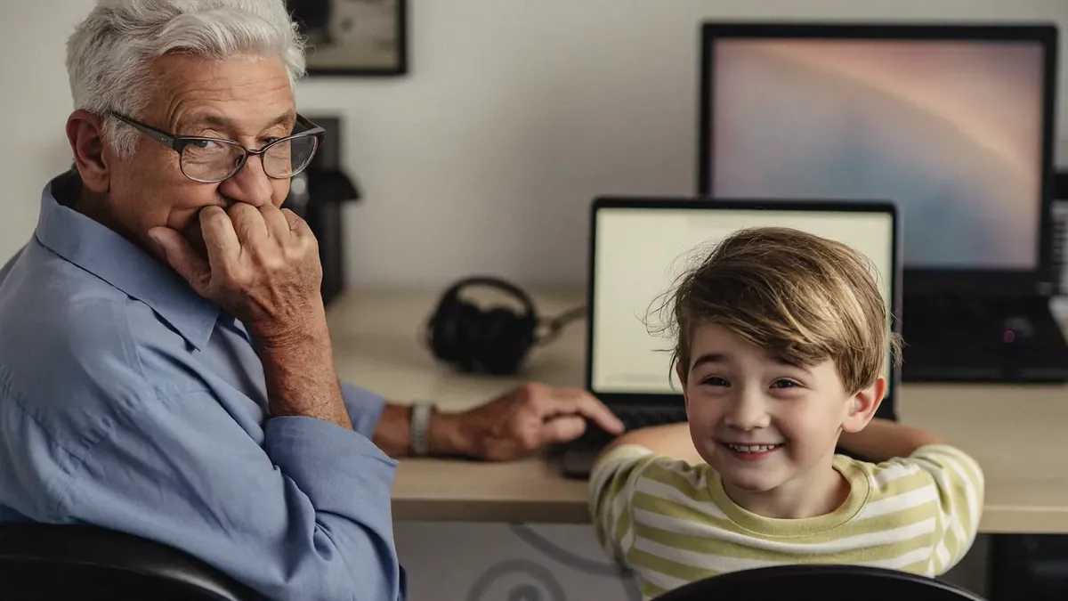 An older man and his grandchild applying for Medicare together at home