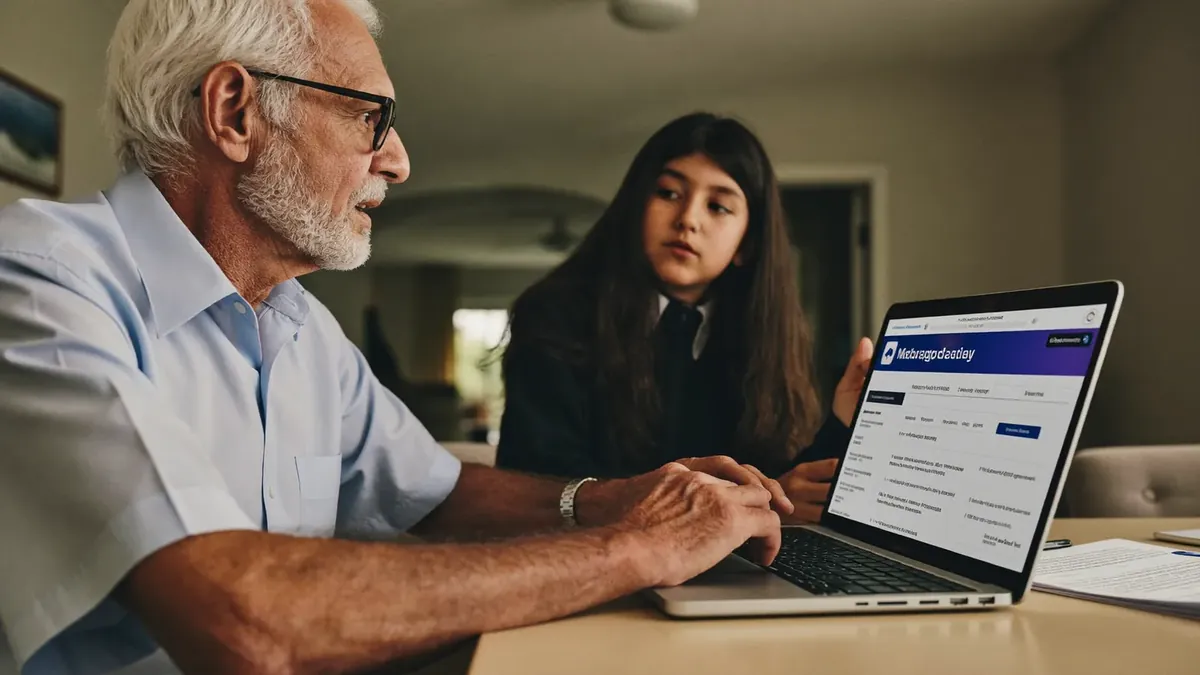 An older man filling out a Medicare application on a laptop at home, his young adult grandchild helping him