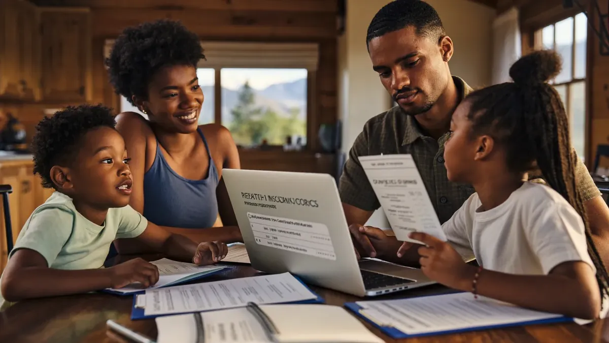 A young Colorado family of four at their kitchen table reviewing health insurance options on a laptop