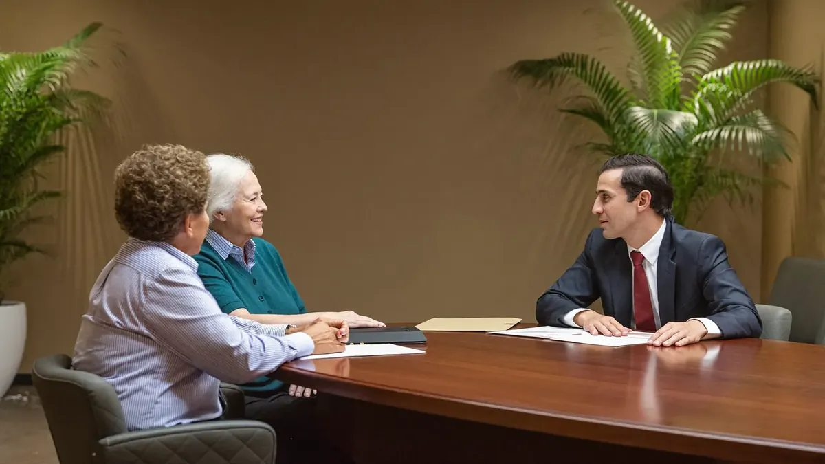 A smiling senior couple meeting a young insurance agent in a bright Broomfield office, reviewing Medicare supplement brochures