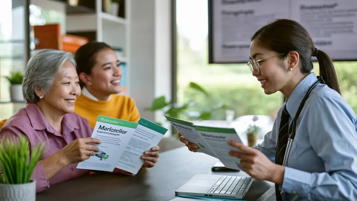 A smiling senior couple meeting a young insurance agent in a bright Broomfield office, reviewing Medicare supplement brochures