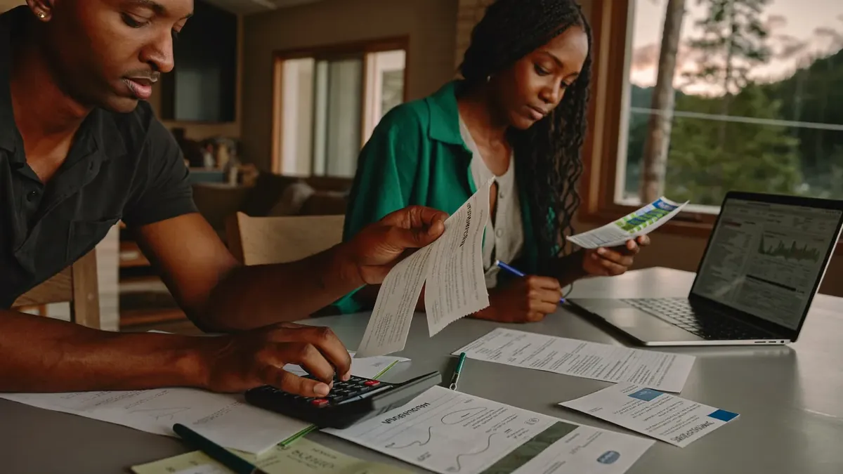 A couple in their thirties budgeting at a kitchen table with bills, a calculator, and a laptop showing health plan prices