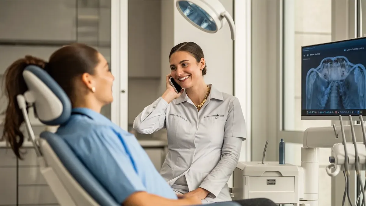 A smiling older adult in a bright modern Colorado dental office chair talking with a young dentist
