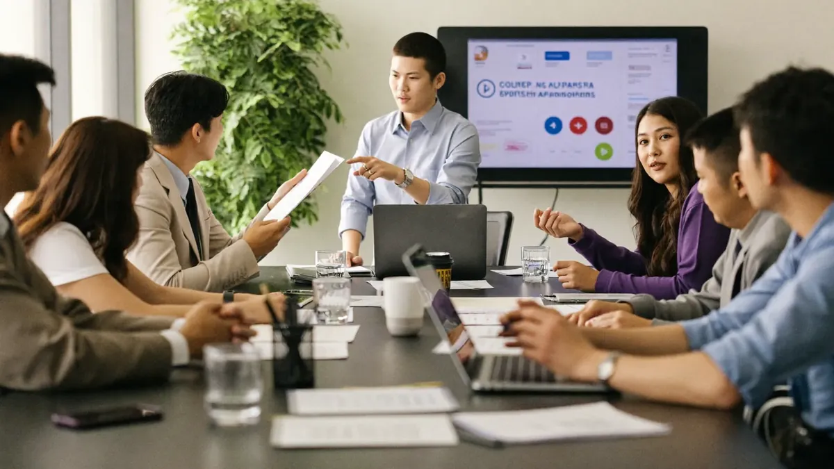 A small Colorado business team gathered around a conference table while an insurance advisor presents benefits options