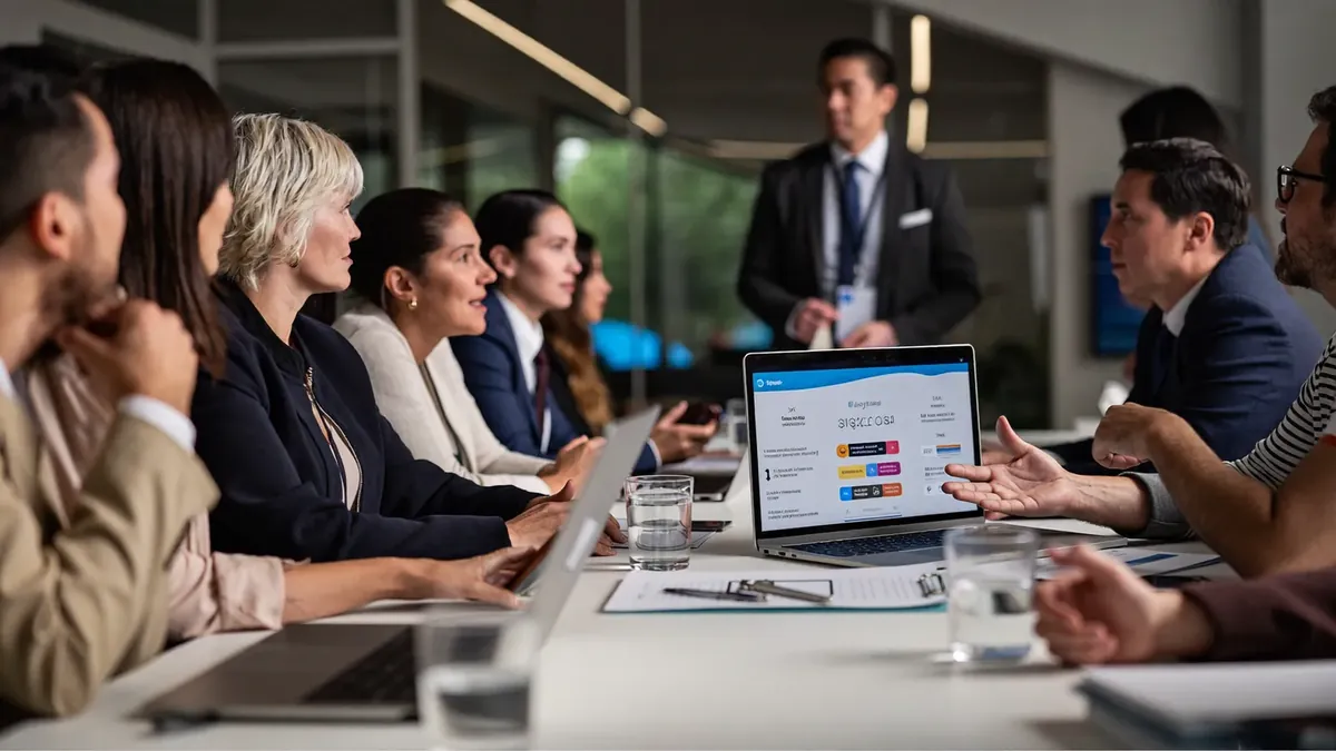 A small Colorado business team gathered around a conference table while an insurance advisor presents benefits options