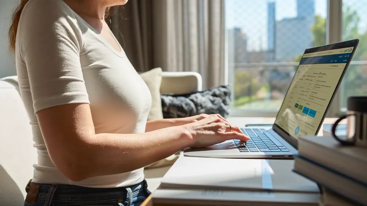 A woman in her forties browsing the Colorado health insurance marketplace on a laptop at home