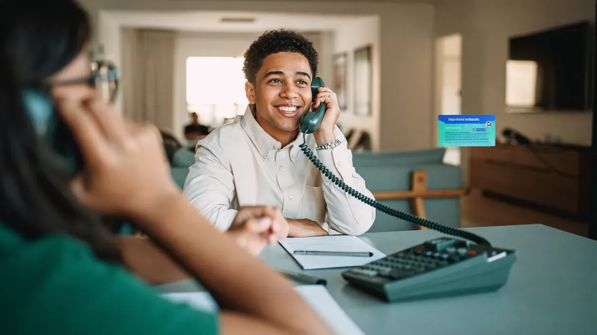 An older woman on the phone at home with a notepad and her insurance card, smiling as she gets help