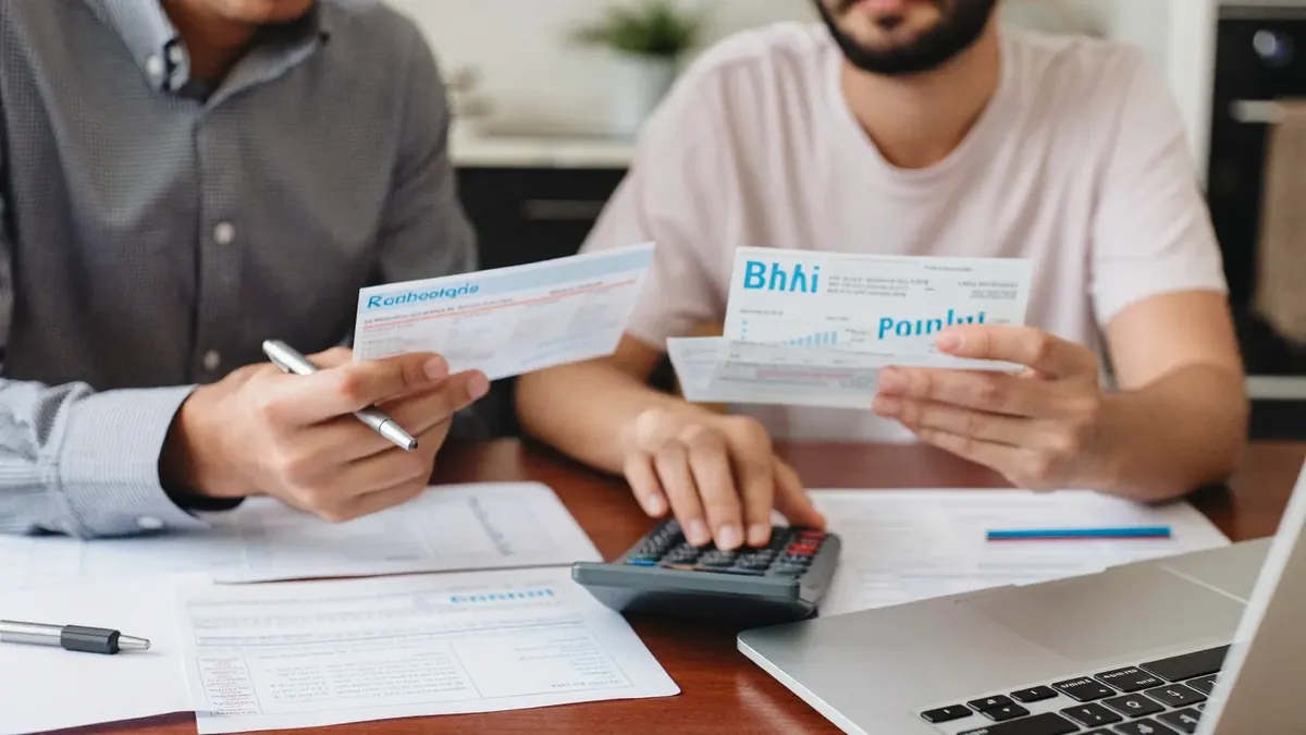 A couple in their thirties budgeting at a kitchen table with bills, a calculator, and a laptop showing health plan prices