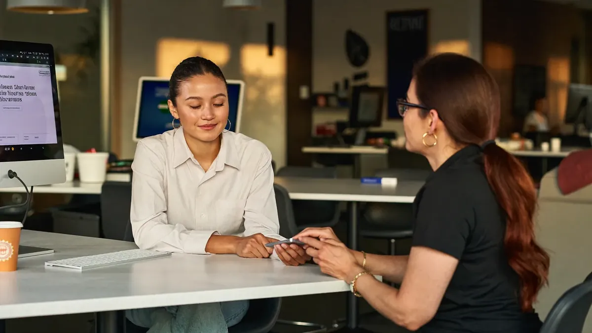 A friendly young insurance advisor helping an adult client choose a health plan in a sunny Colorado office