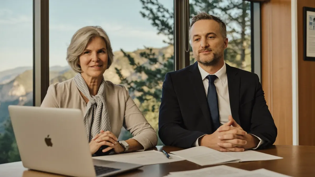 A senior couple and a young insurance broker sitting together at a table in a Colorado office, mountain view window