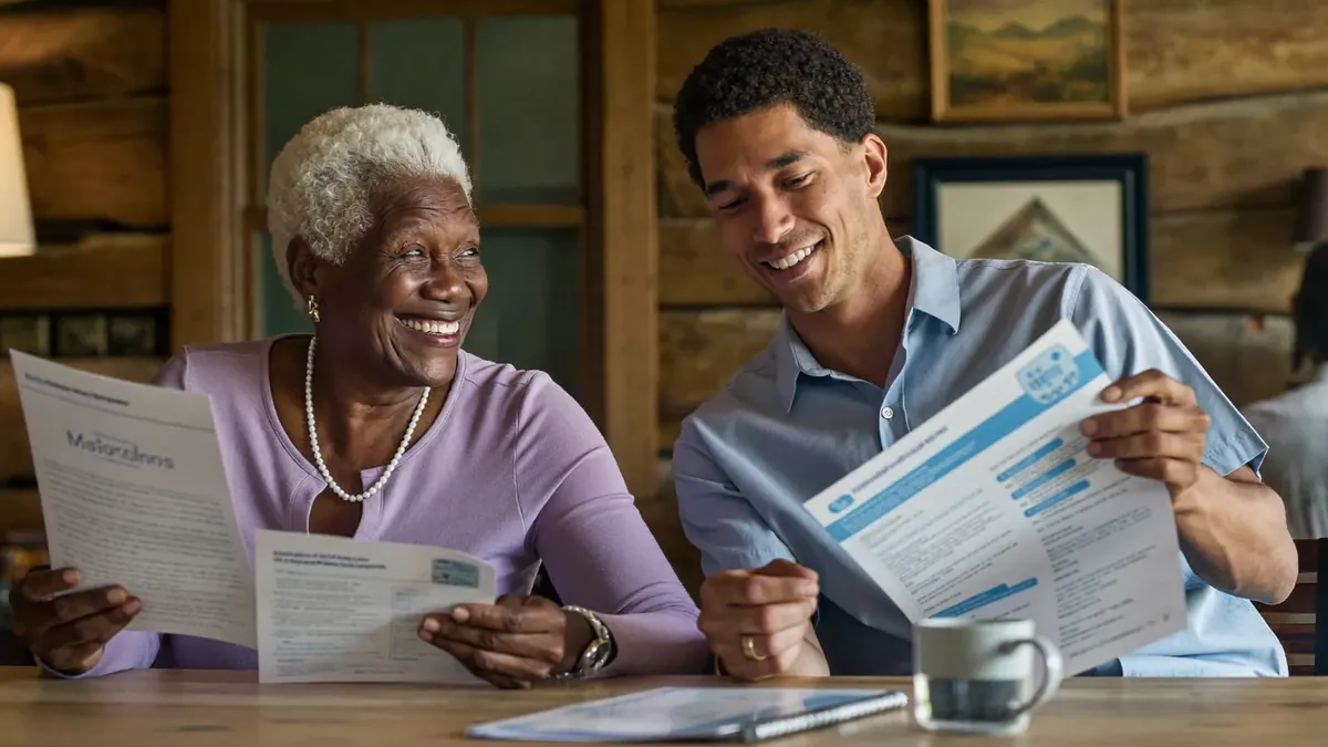 A smiling senior couple meeting a young insurance agent in a bright Broomfield office, reviewing Medicare supplement brochures
