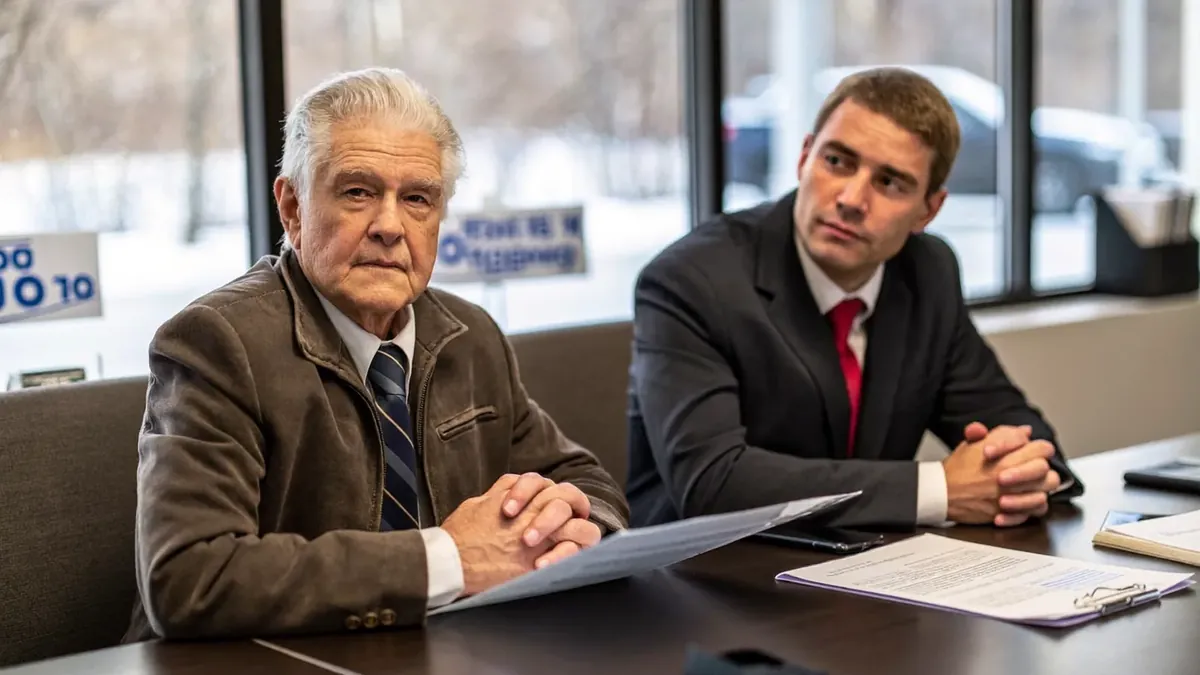 A senior couple and a young insurance broker sitting together at a table in a Colorado office, mountain view window