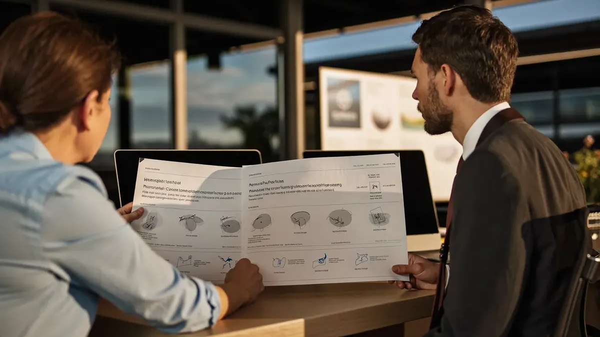 A young insurance representative showing two plan comparison sheets side by side to an older couple across a desk