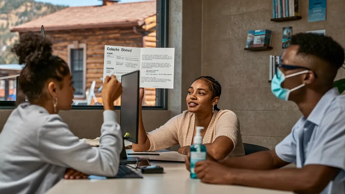 A small business owner and employees in a clean Colorado office reviewing a health benefits handout, hand sanitizer on the desk