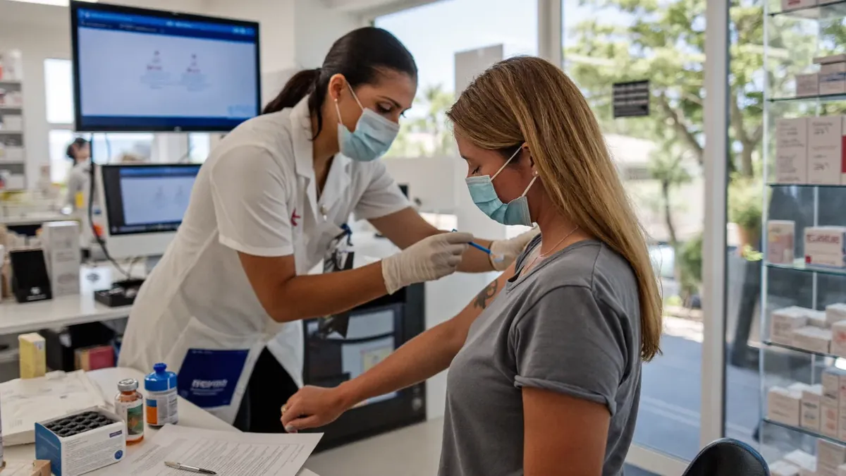 A pharmacist in a Colorado pharmacy preparing a vaccination for a calm adult customer