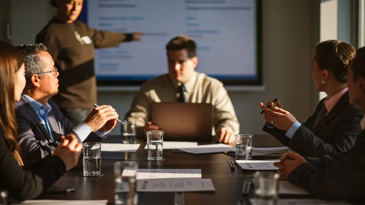 A small Colorado business team gathered around a conference table while an insurance advisor presents benefits options