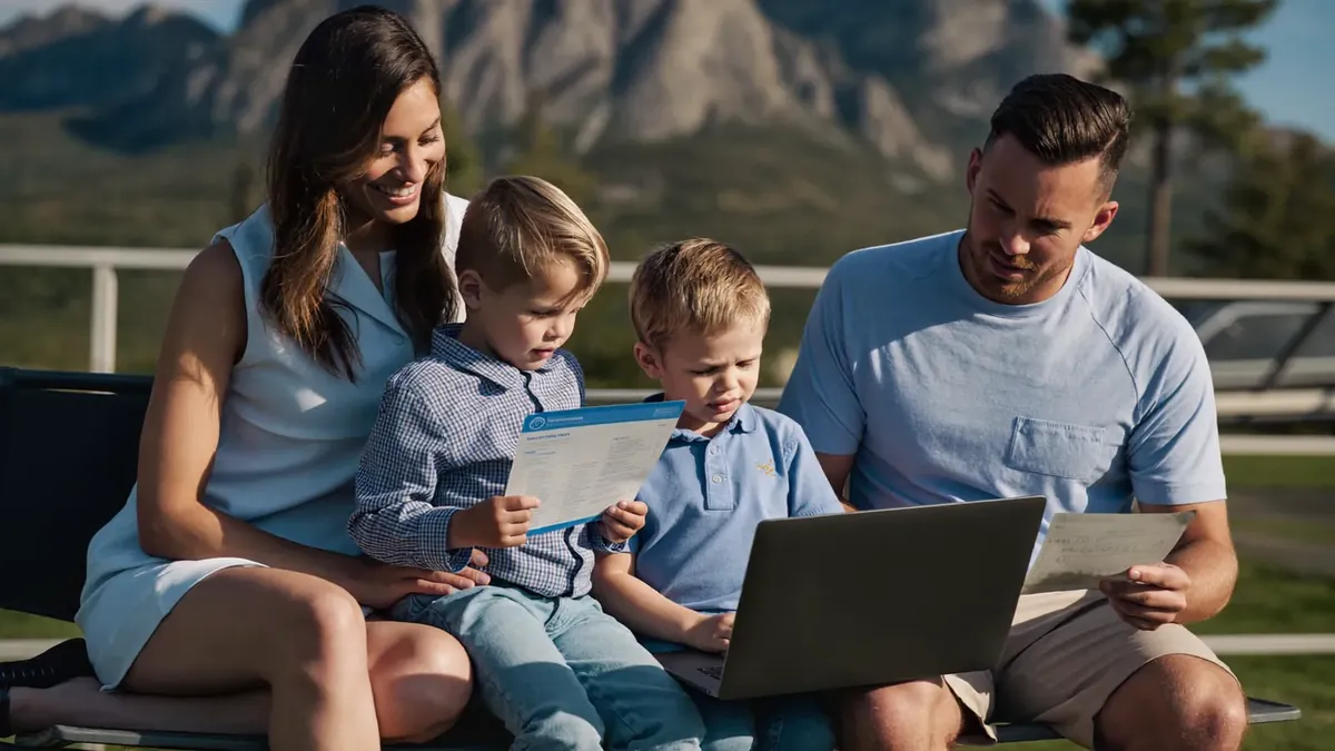 A young Colorado family of four at their kitchen table reviewing health insurance options on a laptop