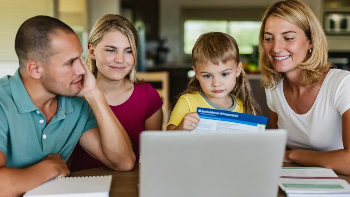A young Colorado family of four at their kitchen table reviewing health insurance options on a laptop
