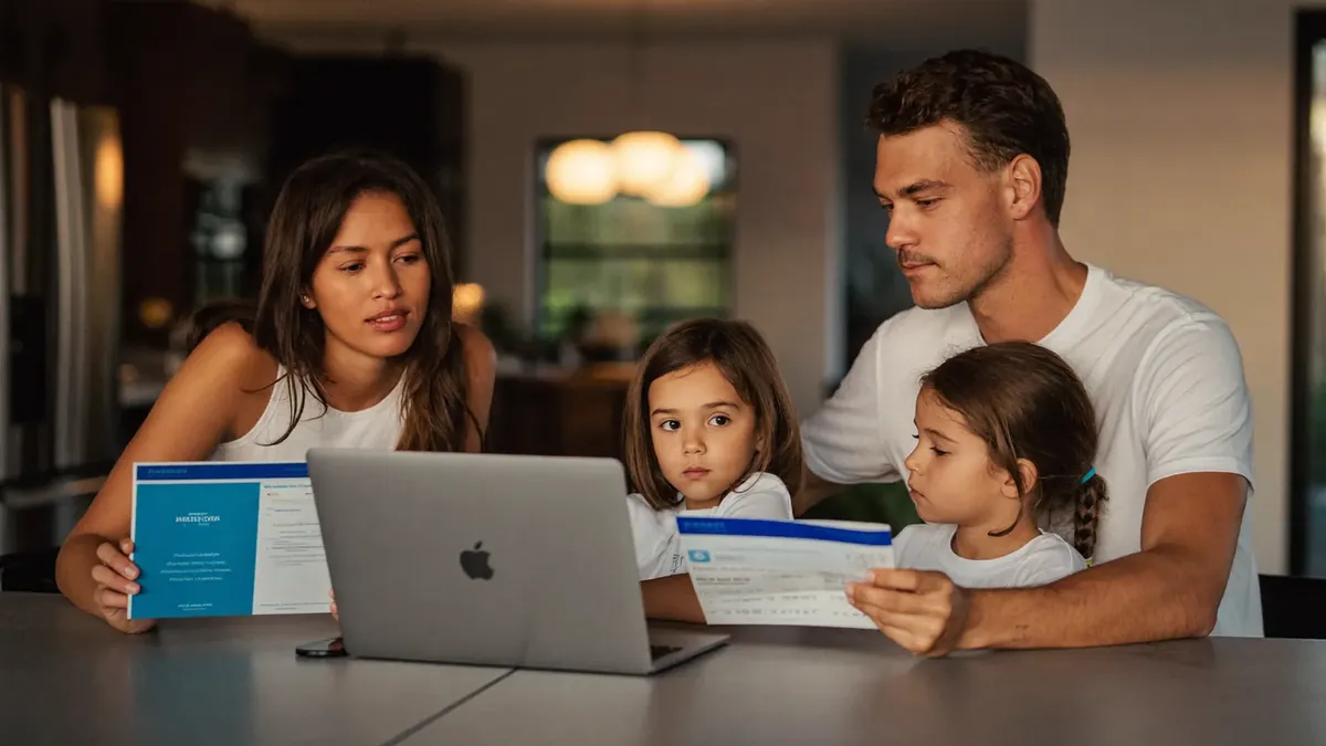A young Colorado family of four at their kitchen table reviewing health insurance options on a laptop