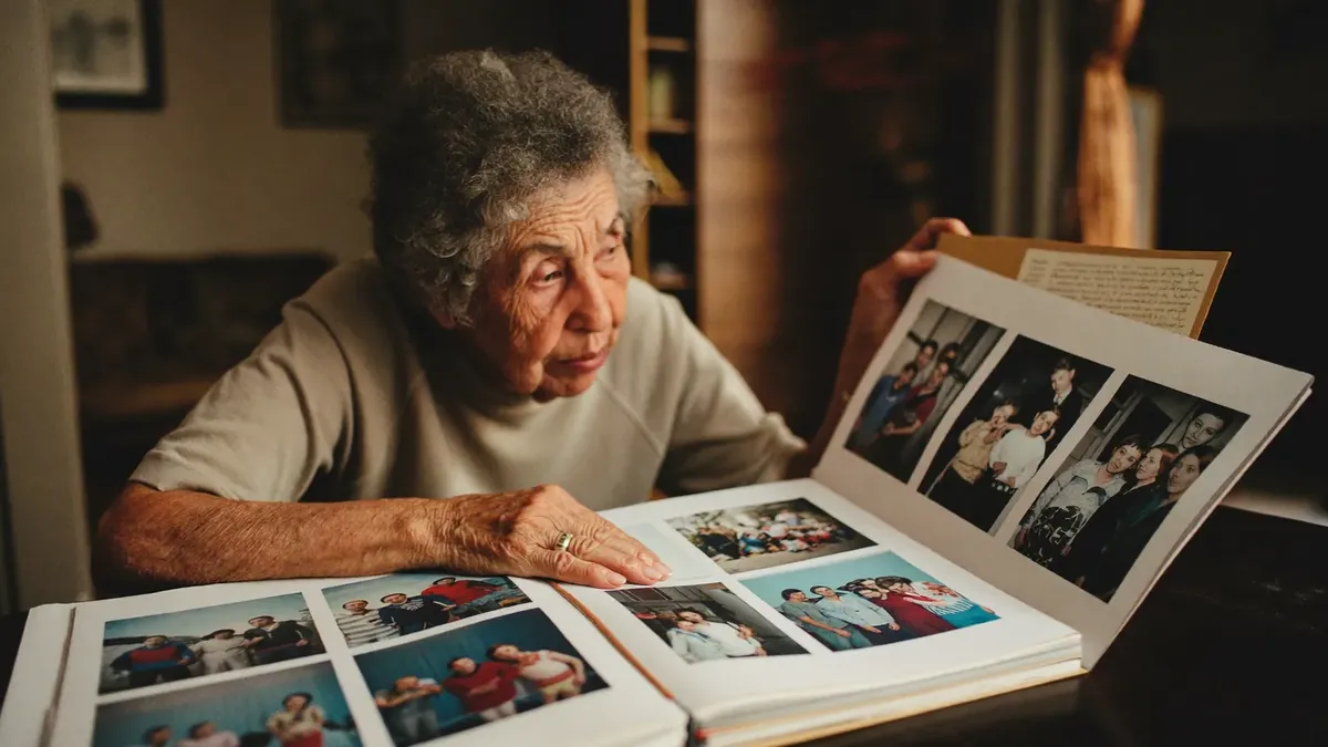 An older woman looking through a family photo album at home, a folder of paperwork beside her