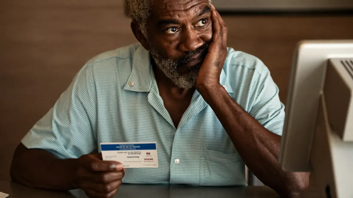 A man in his forties at a hospital billing counter holding two insurance cards, thoughtful expression
