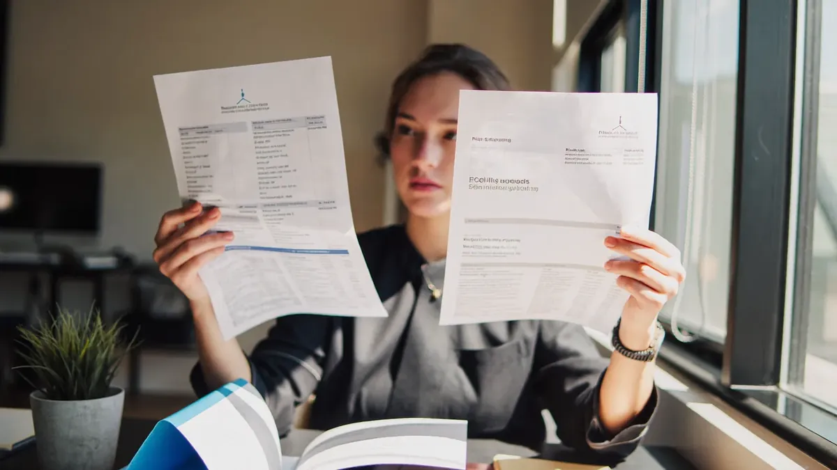 A young professional at a desk comparing a high deductible health plan statement with a supplemental policy