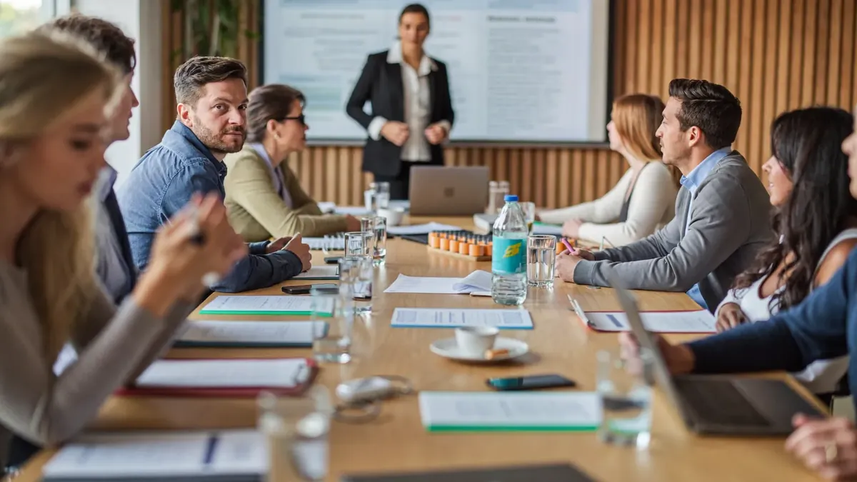 A small Colorado business team gathered around a conference table while an insurance advisor presents benefits options