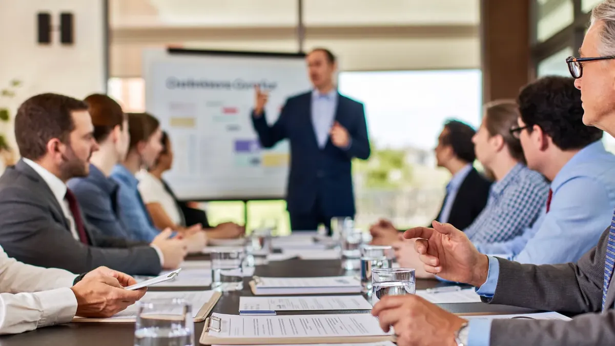 A small Colorado business team gathered around a conference table while an insurance advisor presents benefits options