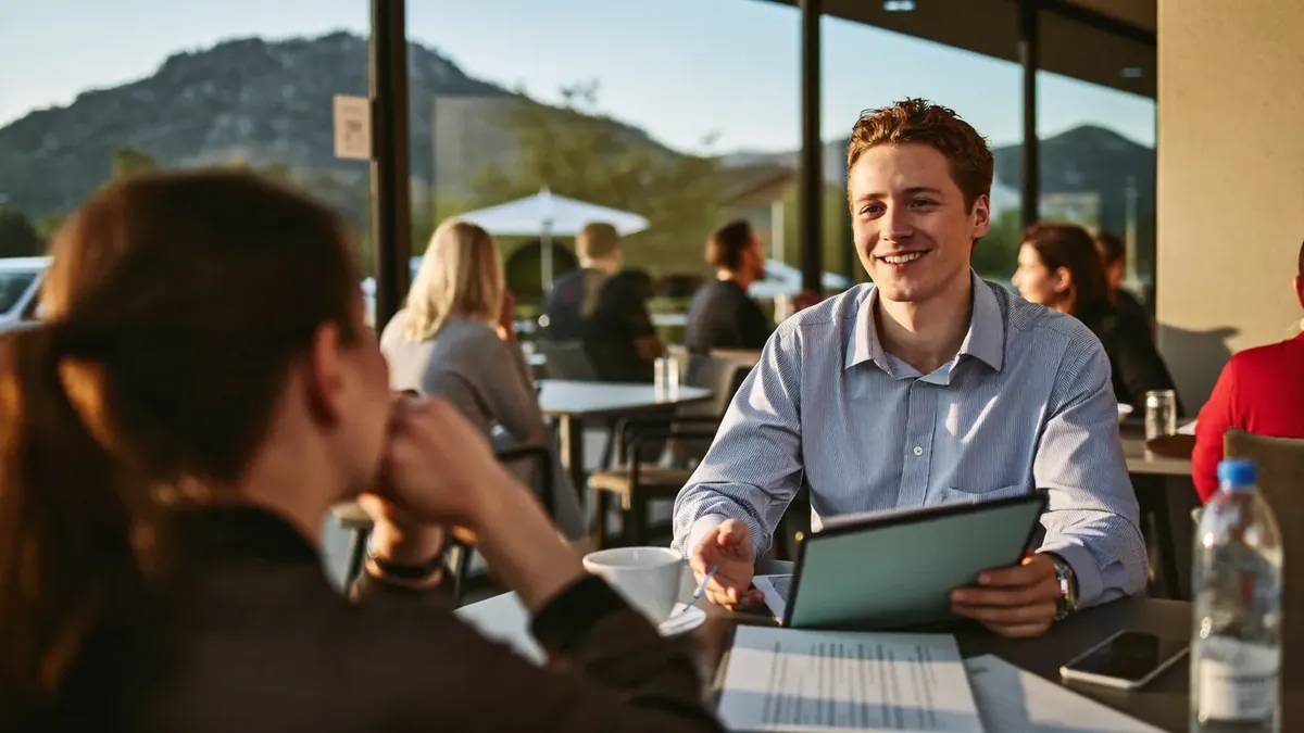 A friendly young insurance broker meeting a client at a coffee shop in Boulder with the Flatirons visible outside