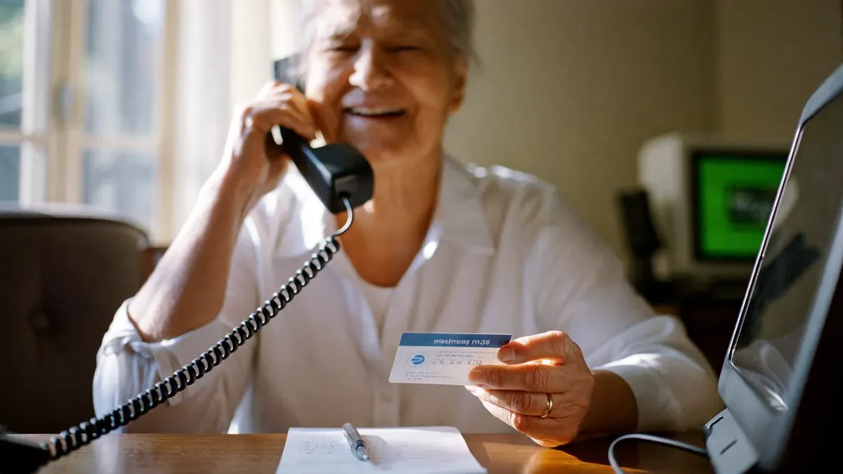 An older woman on the phone at home with a notepad and her insurance card, smiling as she gets help