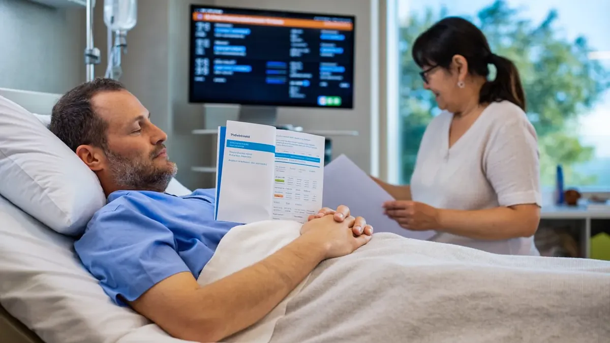 A middle-aged man resting in a modern hospital room while his wife reviews insurance paperwork beside him