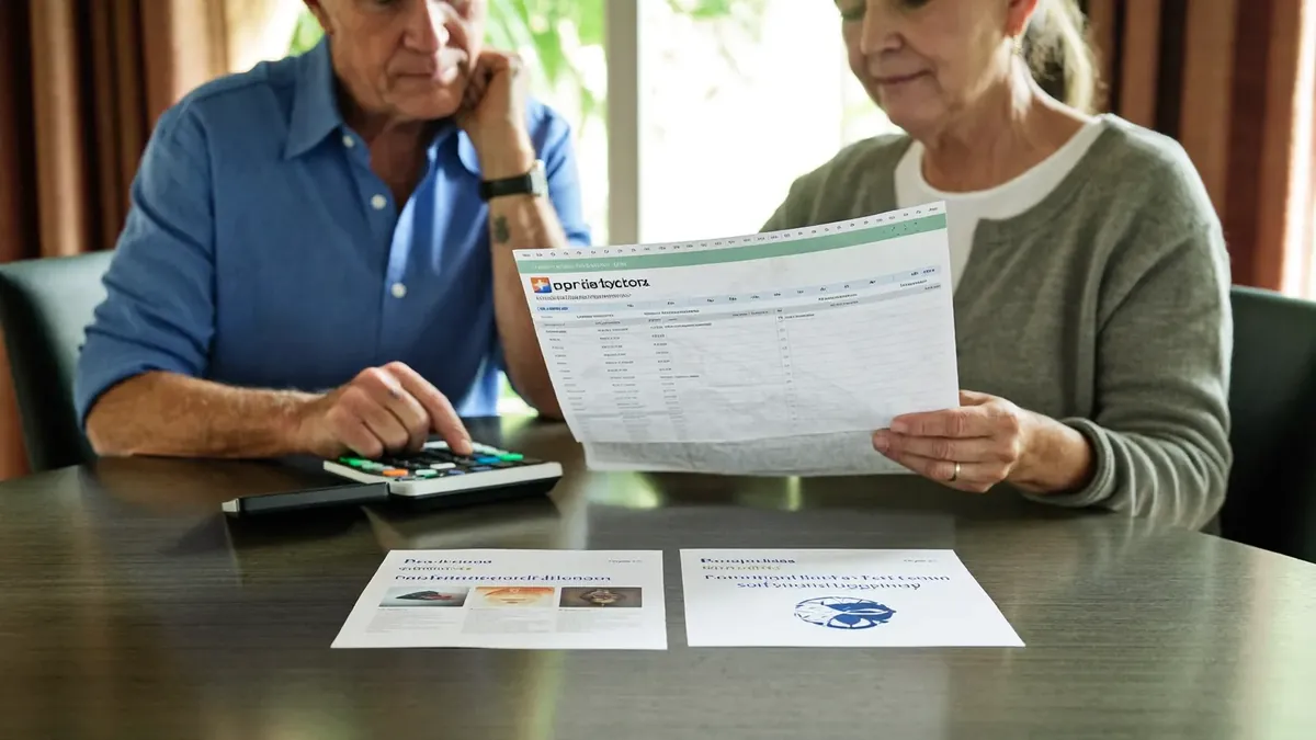 A couple in their forties at a dining table with a financial planner, calculator and two policy options on paper