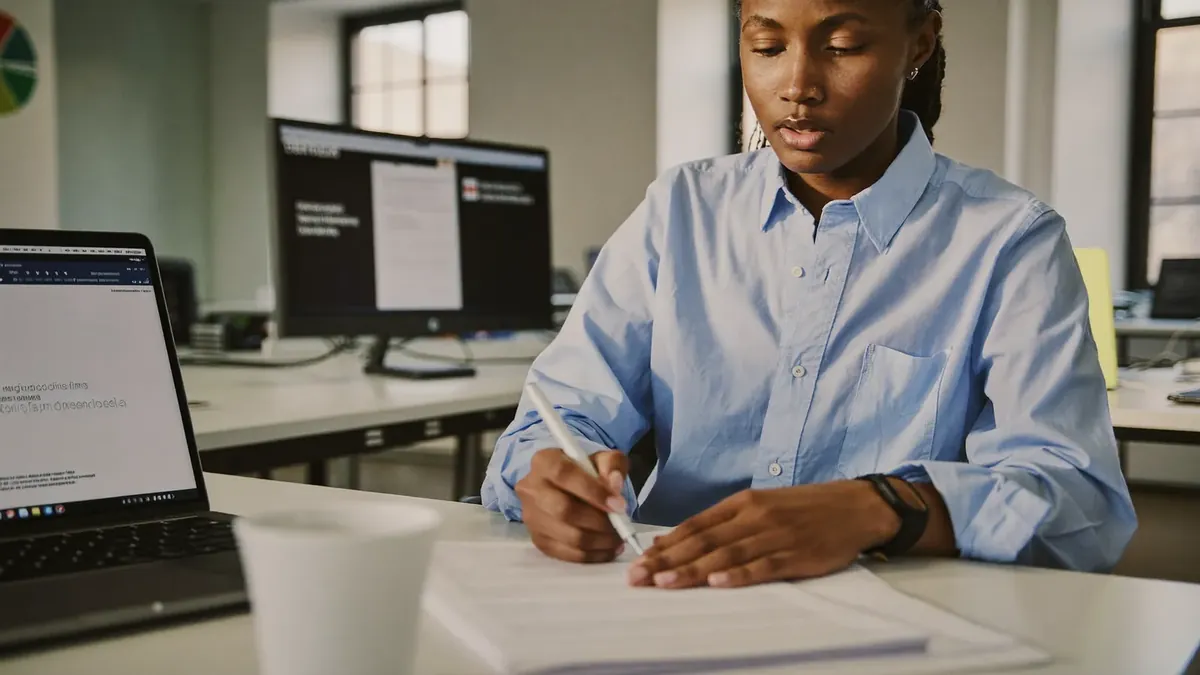 A young insurance professional studying licensing materials at a desk in a Denver co-working space, laptop and notes
