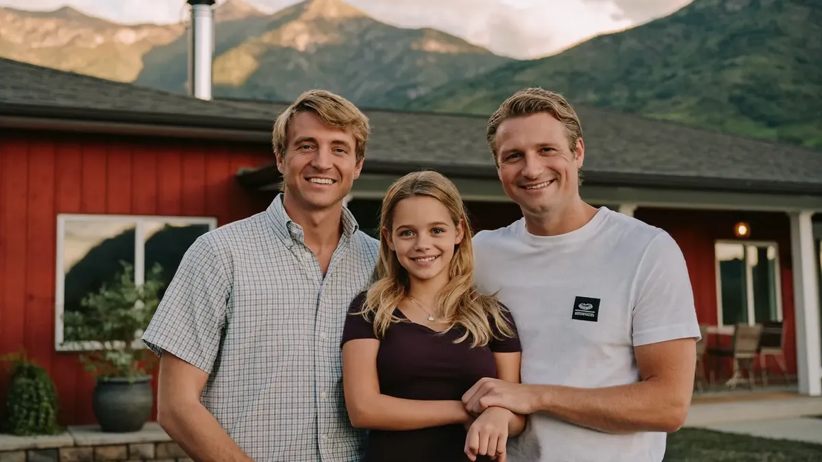 A young family standing in front of their new Colorado home with mountains behind