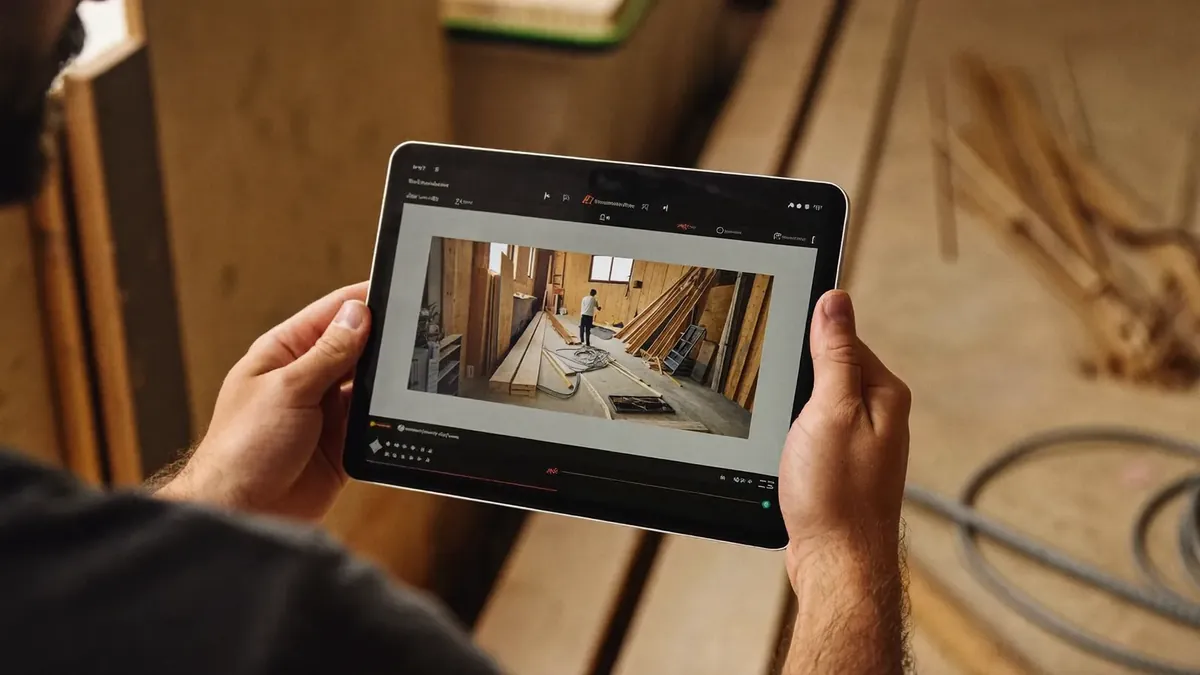 A self-employed craftsman in his workshop in Colorado, reviewing a life insurance policy on a tablet