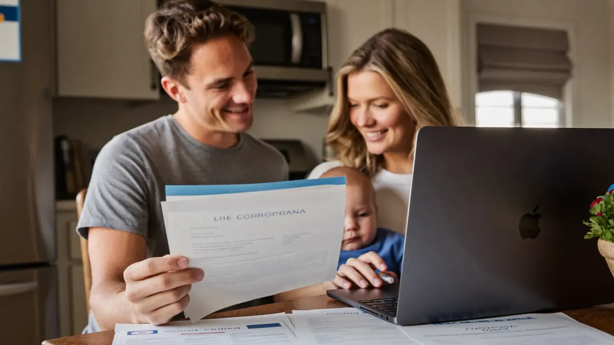 A young Colorado couple with a baby at a kitchen table reviewing life insurance paperwork with a laptop