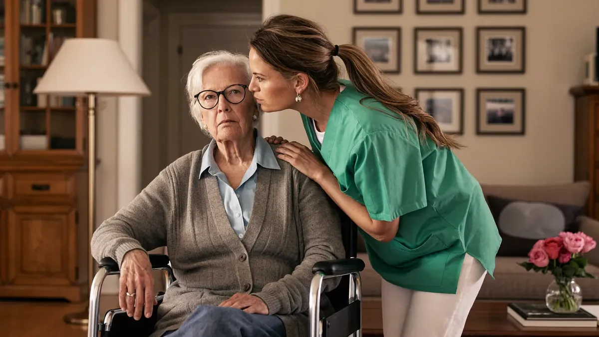 An older woman with a home caregiver in a cozy Colorado living room