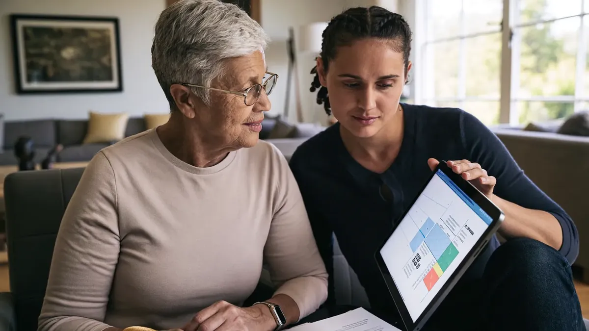 An older woman and a young female insurance representative looking at a tablet with plan details in a sunlit living room