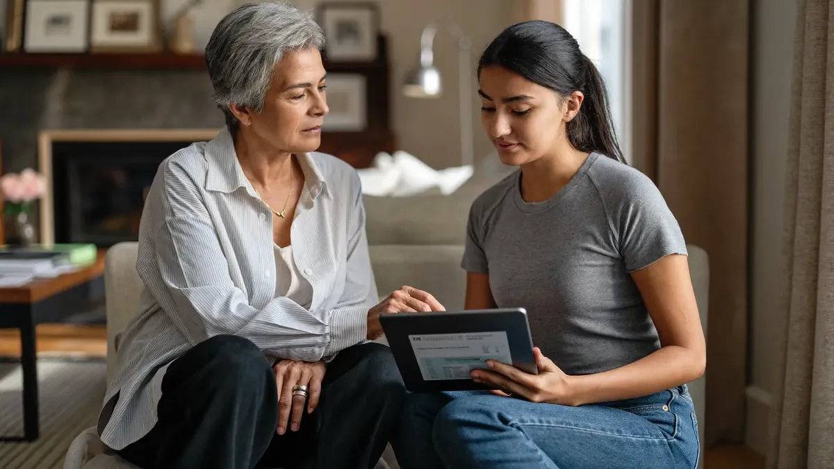 An older woman and a young female insurance representative looking at a tablet with plan details in a sunlit living room